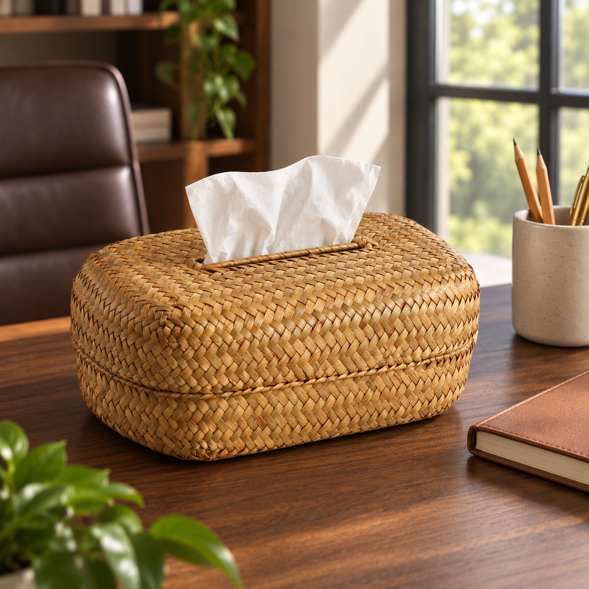 Orange-Toned Oval Seagrass Tissue Box with Lid