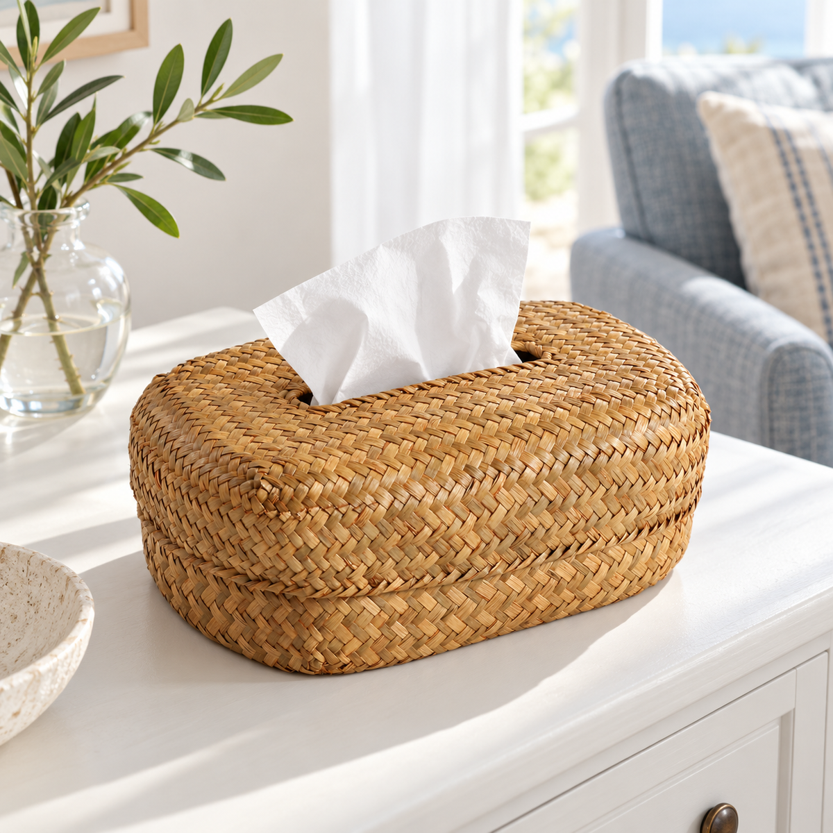 Orange-Toned Oval Seagrass Tissue Box with Lid