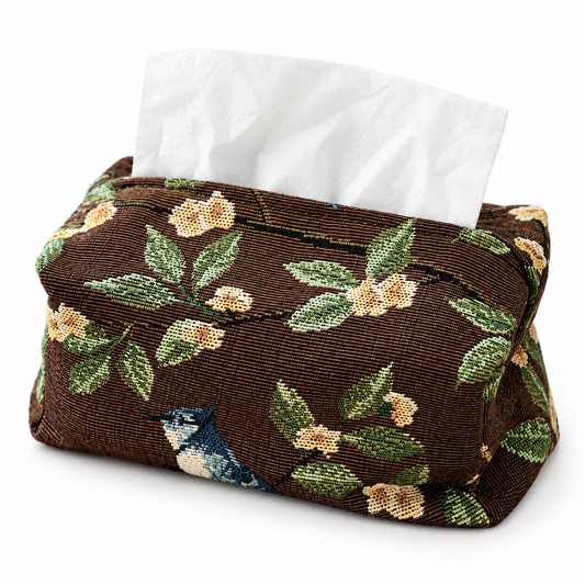 Coffee Brown Magpie & Blossom Jacquard Tissue Cover
