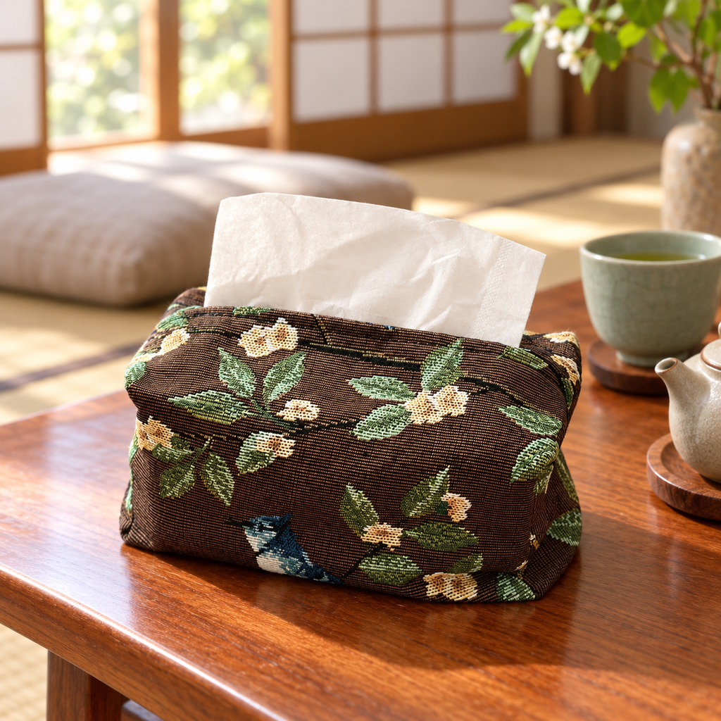 Coffee Brown Magpie & Blossom Jacquard Tissue Cover