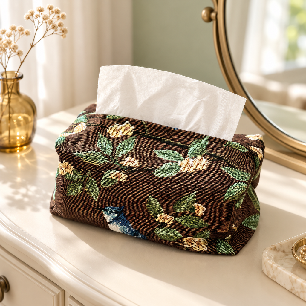 Coffee Brown Magpie & Blossom Jacquard Tissue Cover