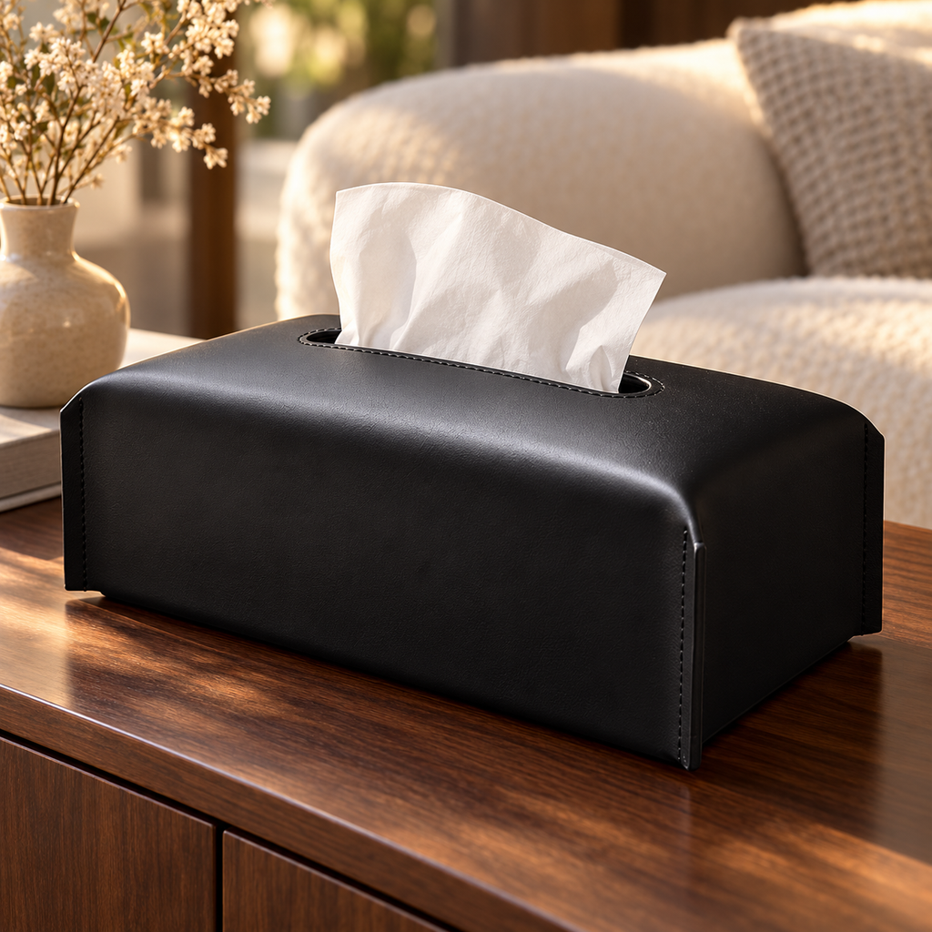 Elegant Black Leather Tissue Box Cover