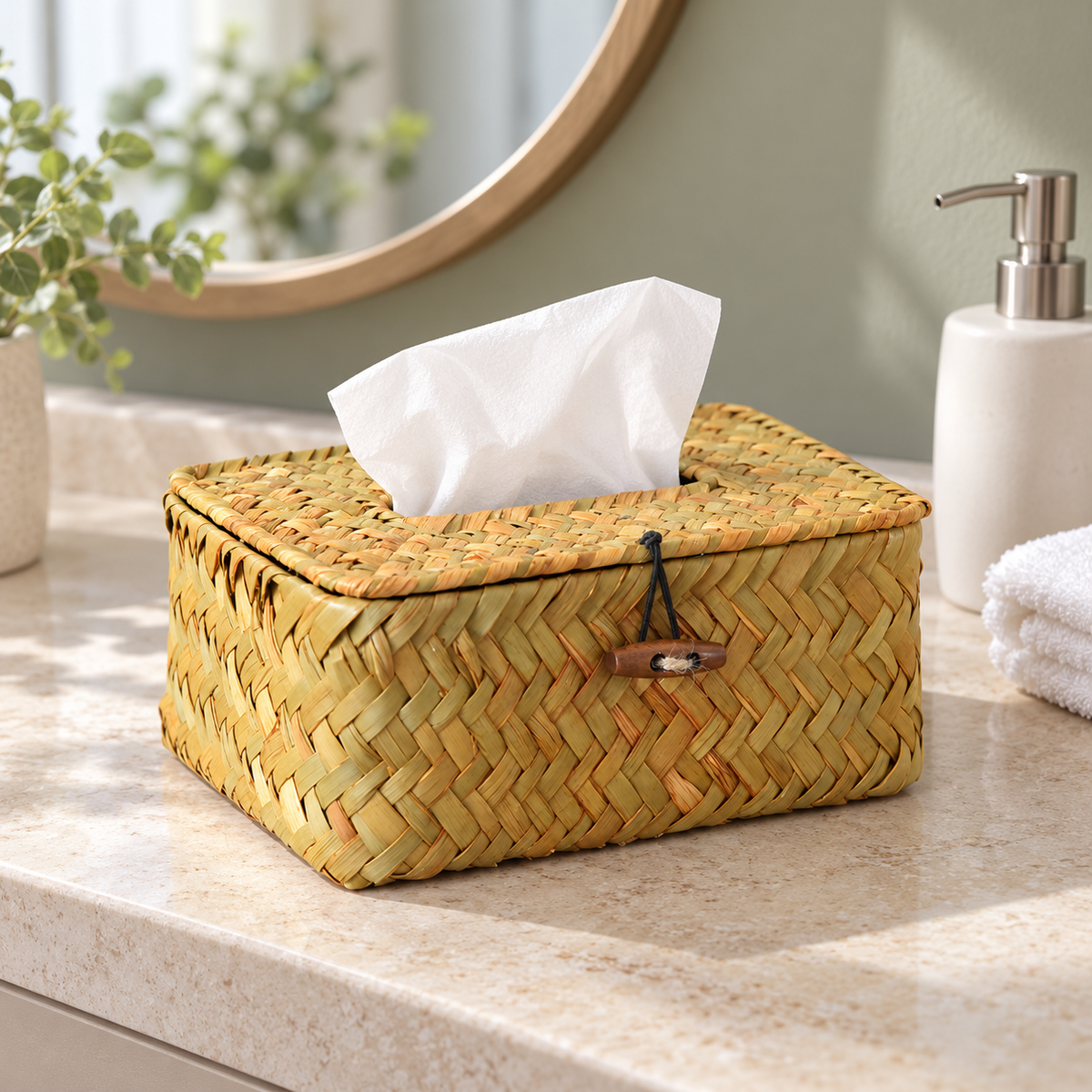 Handwoven Grass Tissue Box with Lid