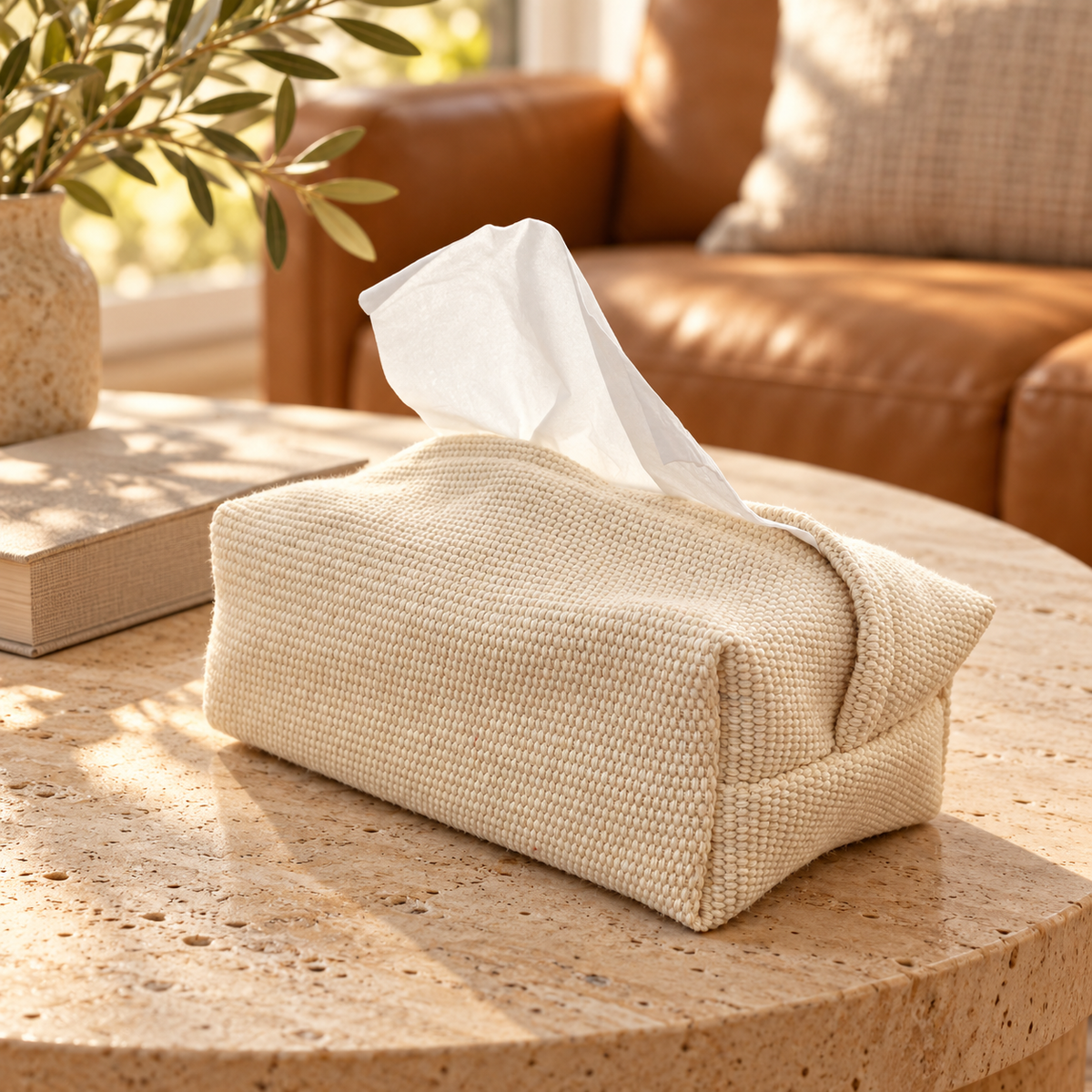 Solid Ivory Woven Fabric Tissue Cover