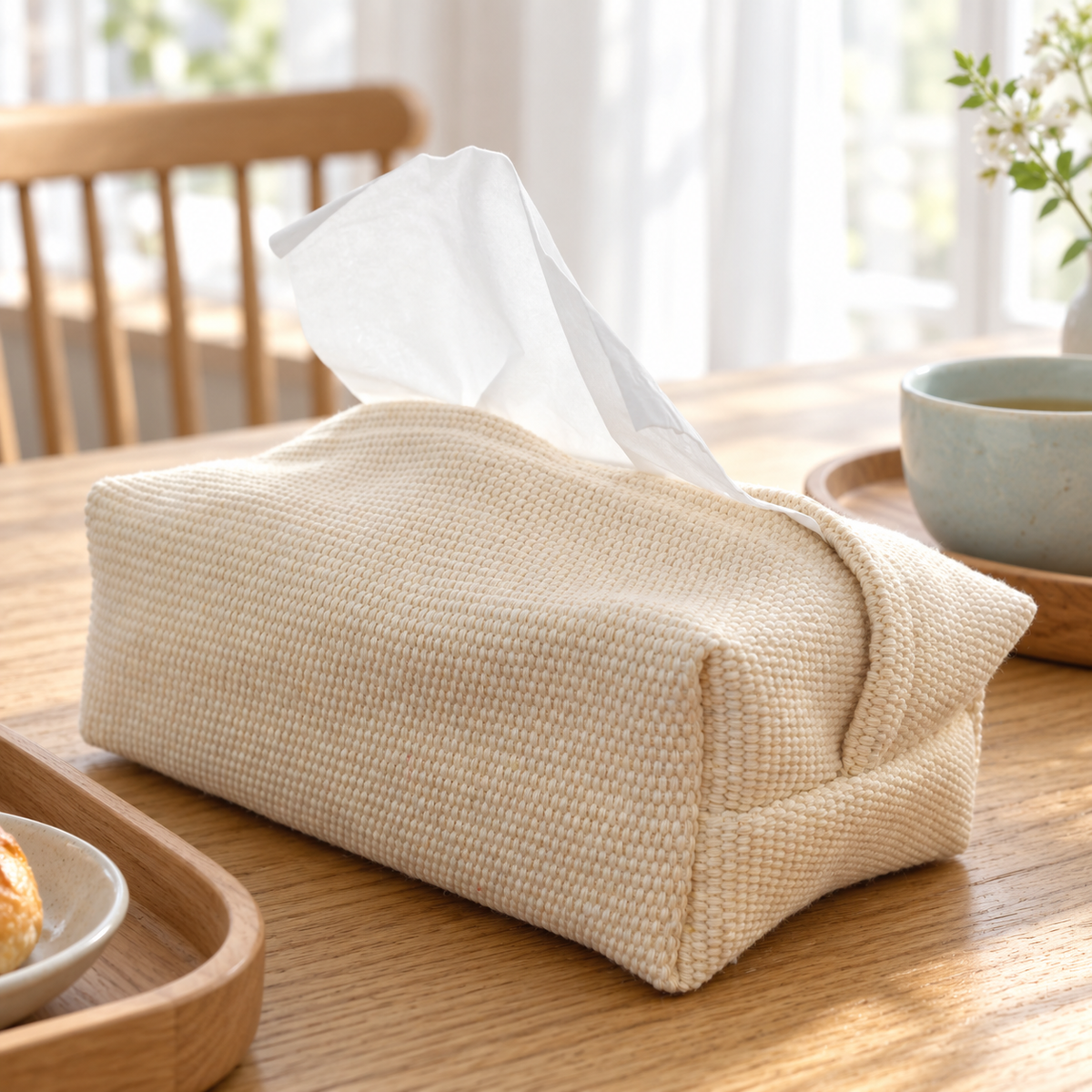 Solid Ivory Woven Fabric Tissue Cover